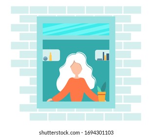 House facade with window. Home office during coronavirus outbreak concept, woman works from home. Vector illustration in flat style. Stay at home. Employee are working from home. Self-isolation.