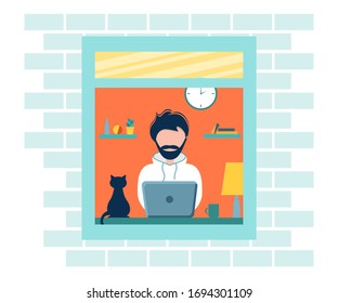 Fachada de casa con ventana. La oficina del hogar durante el concepto de brote de coronavirus, el hombre trabaja desde casa. Ilustración vectorial en estilo plano.Quédate en casa. Los empleados están trabajando desde casa. Autoaislamiento.