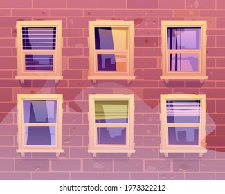 House facade windows, front view multistorey building exterior of red brick with glasses reflect city architecture. Empty home with no people inside, residential dwelling, Cartoon vector illustration