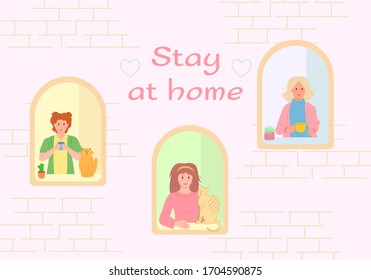 House facade with windows, girls look out of apartment cartoon. Stop coronavirus, prevention covid 19. Self-isolation during an epidemic. Stay home concept. People look out of apartment. Vector