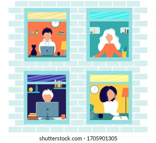 House facade with windows. Home office during coronavirus outbreak concept, people works from home. Vector illustration in flat style. Stay at home. Employees are working from home. Self-isolation.