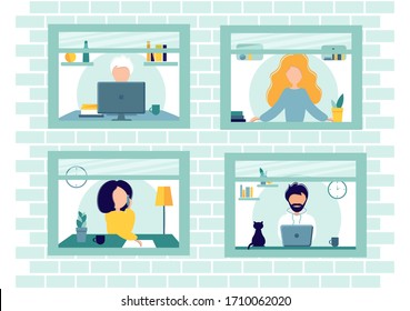 House facade with windows. Home office during coronavirus outbreak concept, people works from home. Vector illustration in flat style. Stay at home. Employees are working from home. Self-isolation.