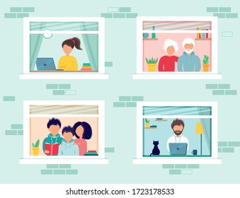 House facade with windows. Home office and online education during coronavirus outbreak concept, people work from home and spend time with family. Vector illustration in flat style. Stay at home. 