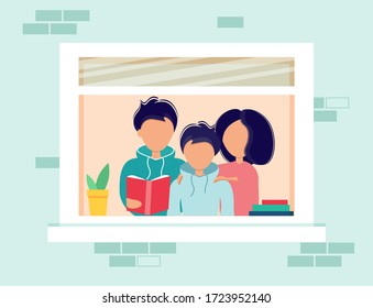 House facade with windows. Mom, dad and son read a book together. Family stays home during coronavirus epidemic. Vector illustration in flat style. Stay at home. Self-isolation. 