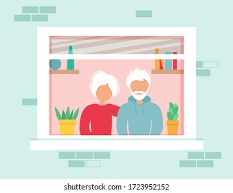 House facade with windows. Old couple stays home during coronavirus epidemic. Senior man and woman look out the window. Vector illustration in flat style. Stay at home. Self-isolation.