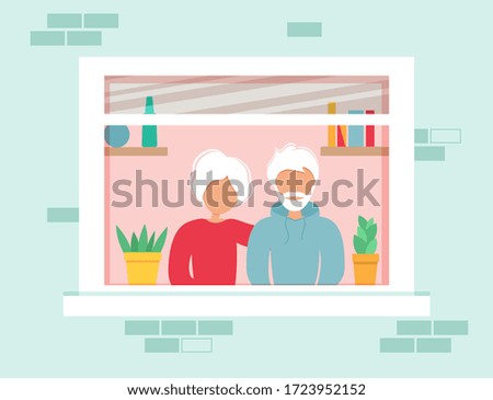 House facade with windows. Old couple stays home during coronavirus epidemic. Senior man and woman look out the window. Vector illustration in flat style. Stay at home. Self-isolation.
