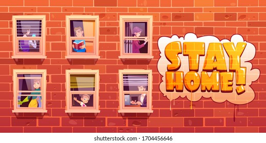 House facade with windows and people act. Stay home lettering on brick wall of apartment building. Vector cartoon illustration with man reading book, woman cleans, neighbors work and use smartphone