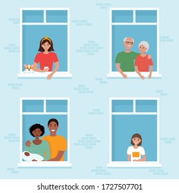 Fachada de casa con ventanas. La gente mira desde las ventanas. Aislamiento social durante el coronavirus pandémico. Ilustración vectorial en estilo plano