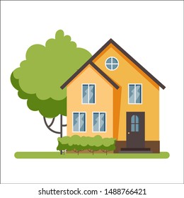 House facade. Wooden cottage, modern architecture. Idea of real estate. Front view of the building. Isolated flat illustration vector