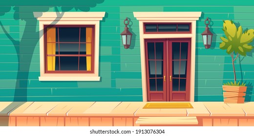 House facade with wooden porch and steps. Vector cartoon building exterior, home front with lamps on green wall and tree plant on veranda. Entrance for suburban apartment with terrace