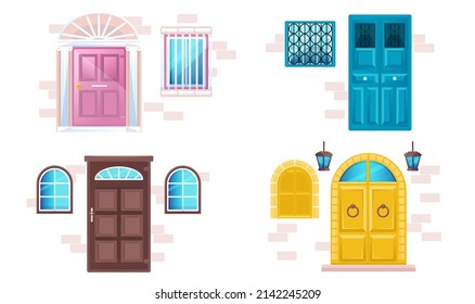 House facades with different doors and windows in brick wall. Vector cartoon set of wooden gates in classic style, lanterns and windows with glass, metal grate and shutters