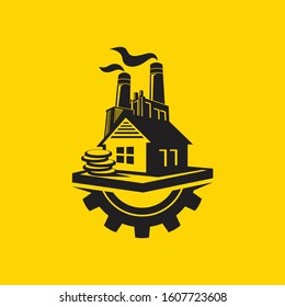 The house and factory logos become a single entity for a real estate and property company