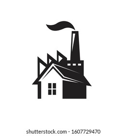 The house and factory logos become a single entity for a real estate and property company