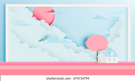 House in Fall season in paper art style vector illustration