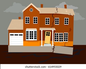 House Falling Apart Because Of A Foundation Failure, EPS 8 Vector Illustration