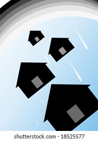 house falling through magnifying lens	