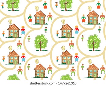 House and family background. Seamless pattern. Group of buildings on the street. Happy family over homes. Real estate concept.