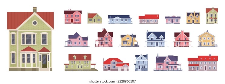 House, family classic cottage, sweet home bundle. Townhouse set, traditional city architecture, terraced townhome housing, business urban apartment, country residence. Vector flat style illustration