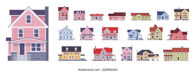 House and family cottage, sweet home bundle. Townhouse set, traditional city architecture, terraced townhome housing, business urban apartment and new country residence. Vector flat style illustration