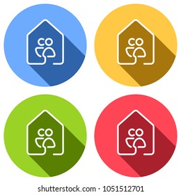 house with family or couple icon. line style. Set of white icons with long shadow on blue, orange, green and red colored circles. Sticker style