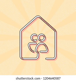 House With Family Or Couple Icon. Line Style. Vintage Retro Typography With Offset Printing Effect. Dots Poster With Comics Pop Art Background