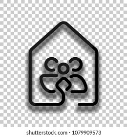 house with family icon. line style. Black glass icon with soft shadow on transparent background