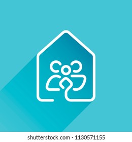 house with family icon. line style. Gray icon with long shadow in bottom left corner on blue background
