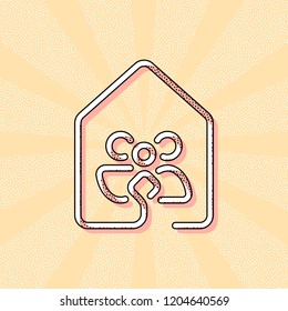 House With Family Icon. Line Style. Vintage Retro Typography With Offset Printing Effect. Dots Poster With Comics Pop Art Background