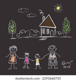 House, Family, little girl and boy holding hands with mother and father, sun, clouds. doodles are drawn by a child's hand with chalk on asphalt or on a school board.