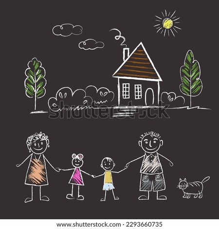 House, Family, little girl and boy holding hands with mother and father, sun, clouds. doodles are drawn by a child's hand with chalk on asphalt or on a school board.