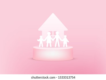 House and family paper 3d on pink background. Happy family concept.