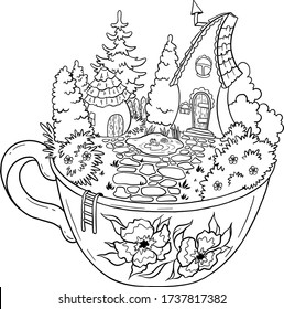 House of fantastic creatures. House with a pond and garden. A house in a circle for fairy-tale gnomes. Elf houses. Vector isolated on white background.