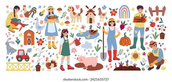 House farm. Cute gardener. Happy agriculture worker. Care of domestic animals. Farmers grow vegetables. Sheep and pig. organic products. Home garden. Village barn and mill. Vector farming elements set