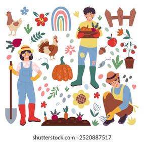 House farm. Cute gardener. Happy agriculture worker. Care of domestic animals. Farmers grow vegetables. Chicken and turkey. Organic products. Home garden. Village flowers. Vector farming elements set