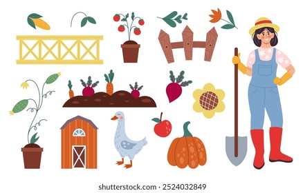 House farm. Cute gardener. Happy agriculture worker. Care of domestic animals. Farmers grow vegetables. Goose bird. Organic products. Home garden harvest. Fence and barn. Vector farming elements set