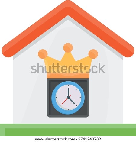 A house featuring a clock and a crown on its roof, representing a blend of time and regal themes.