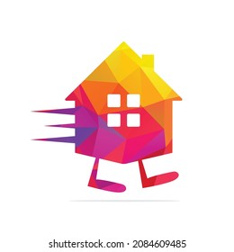 House with feet logo template design. Home with walking feet logo vector.	