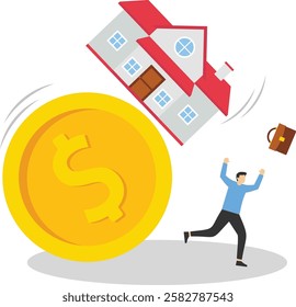 The house fell from a pile of coins. A businessman fled from a falling house. vector

