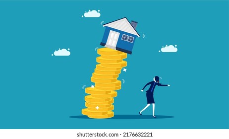 The house fell from a pile of coins. A businesswoman fled from a falling house. vector