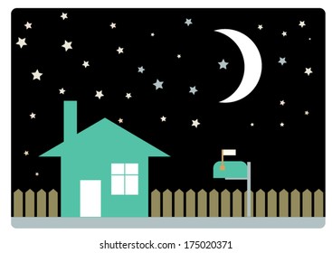 House with a fence and a mailbox near against the starry sky with a crescent