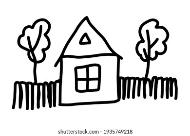 House Fence Trees Childrens Drawing Vector Stock Vector (Royalty Free ...