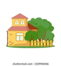 House with a fence and trees. Dacha, flat vector illustration. Two-storey house.