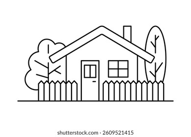 House, fence and trees icon. Black outline linear silhouette. Editable strokes. Front view. Vector simple flat graphic illustration. Isolated object on white background. Isolate.