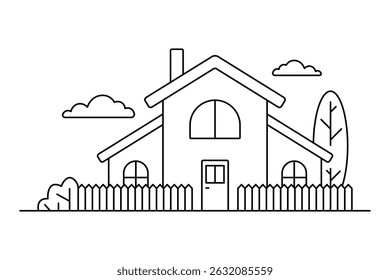 Ícone de casa, cerca e árvores. Silhueta linear com contorno preto. Traçados editáveis. Vista frontal. Ilustração gráfica plana simples vetorial. Objeto isolado no plano de fundo branco. Isolar.