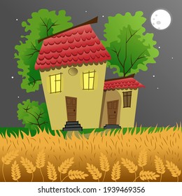 House in the field. Night, moonlight. Wheat, ears. Vector illustration for web design, websites, print and backgrounds.