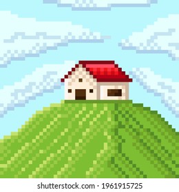 House in the field pixel art. Nature pixel art. Country house. 