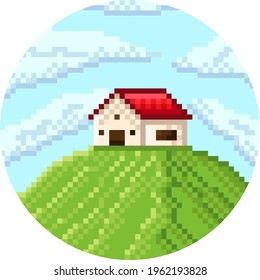 House in the field pixel art. Nature pixel art. Country house. Logo house.