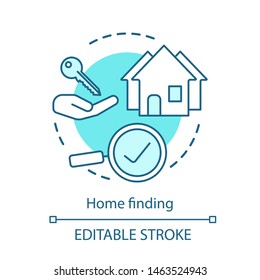 House finding concept icon. Relocating services, new dwelling place choice idea thin line illustration. Purchasing home, renting apartment. Vector isolated outline drawing.  Editable stroke