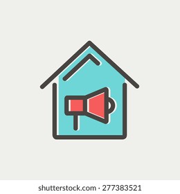 Línea delgada del icono de la alarma de incendios de la casa para el diseño web y móvil, minimalista moderno y plano. Icono del vector con contorno gris oscuro y color de desplazamiento en fondo gris claro.
