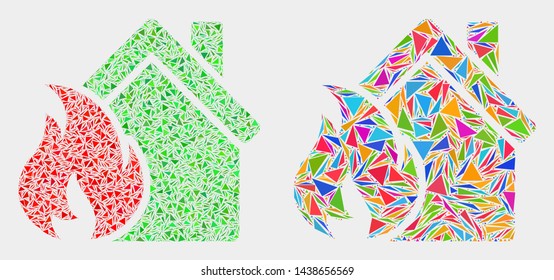 House fire damage collage icon of triangle elements which have variable sizes and shapes and colors. Geometric abstract vector illustration of house fire damage.